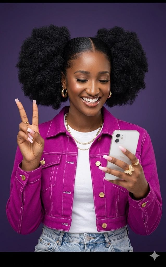 A young woman smiling at her phone, just connected